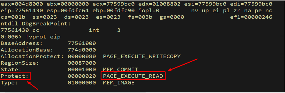 vprot eip showing PAGE_EXECUTE_READ