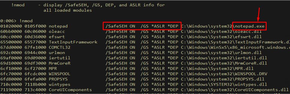 nmod output showing DEP enabled for modules