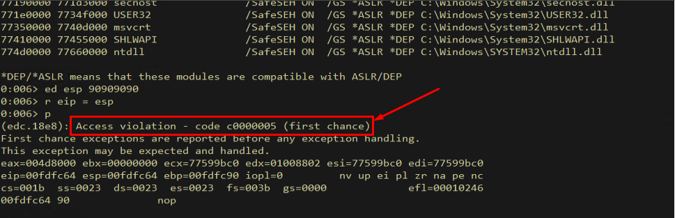 Access violation when trying to execute NOP on stack