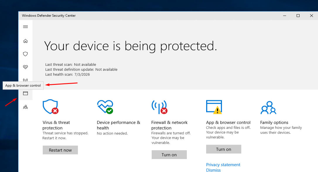 App and Browser Control section