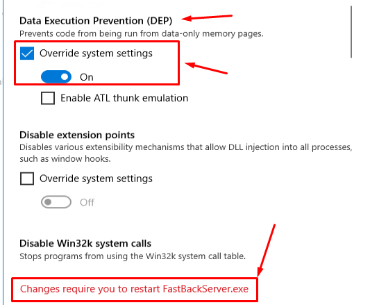 Enabling DEP for FastBackServer