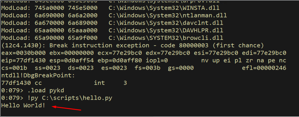Hello World output in WinDbg