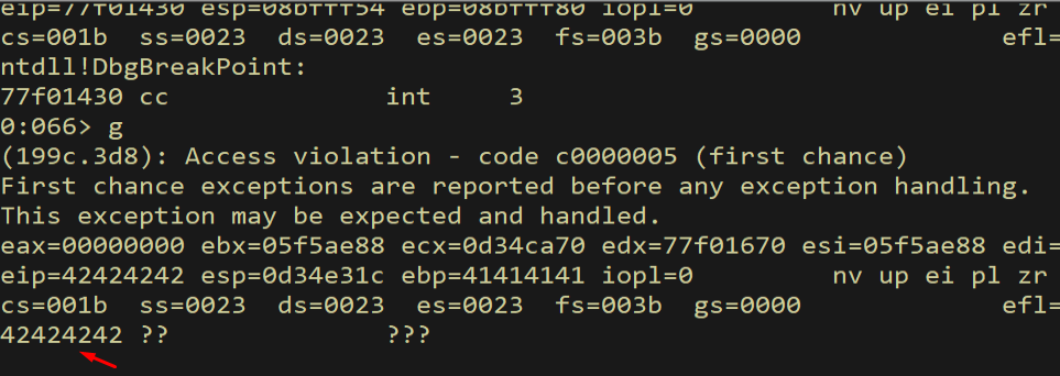 EIP = 0x42424242 confirmed