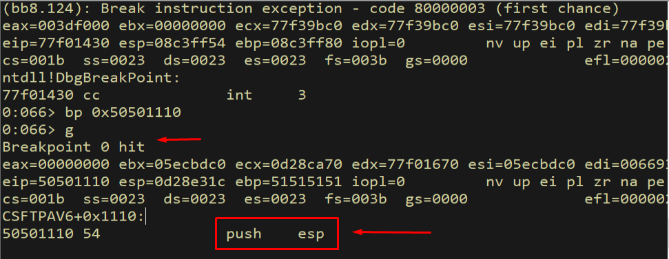 Breakpoint hit, about to execute push esp