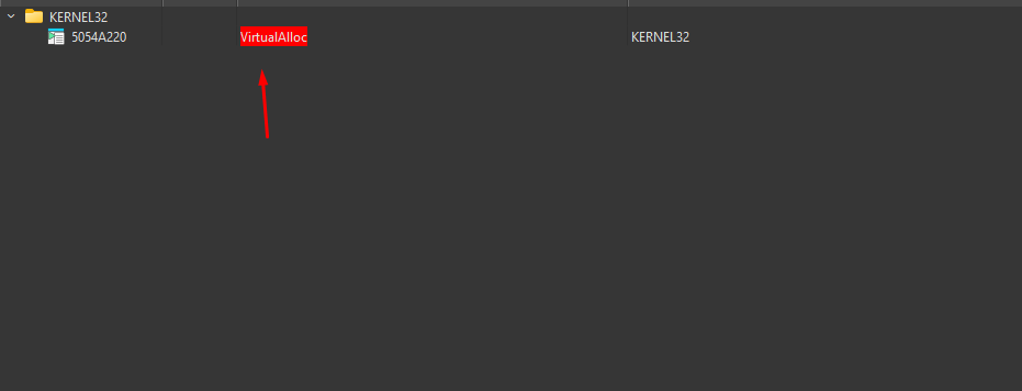 IDA Pro Imports tab showing VirtualAlloc
