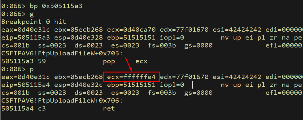 ECX contains negative 0x1C