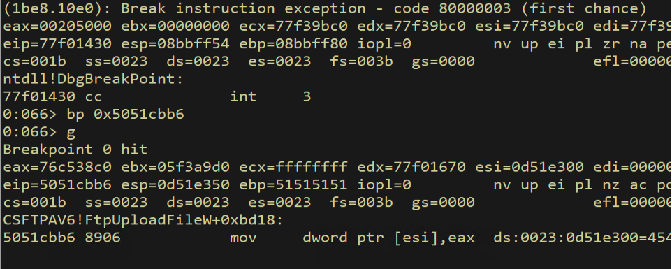 Write gadget breakpoint hit