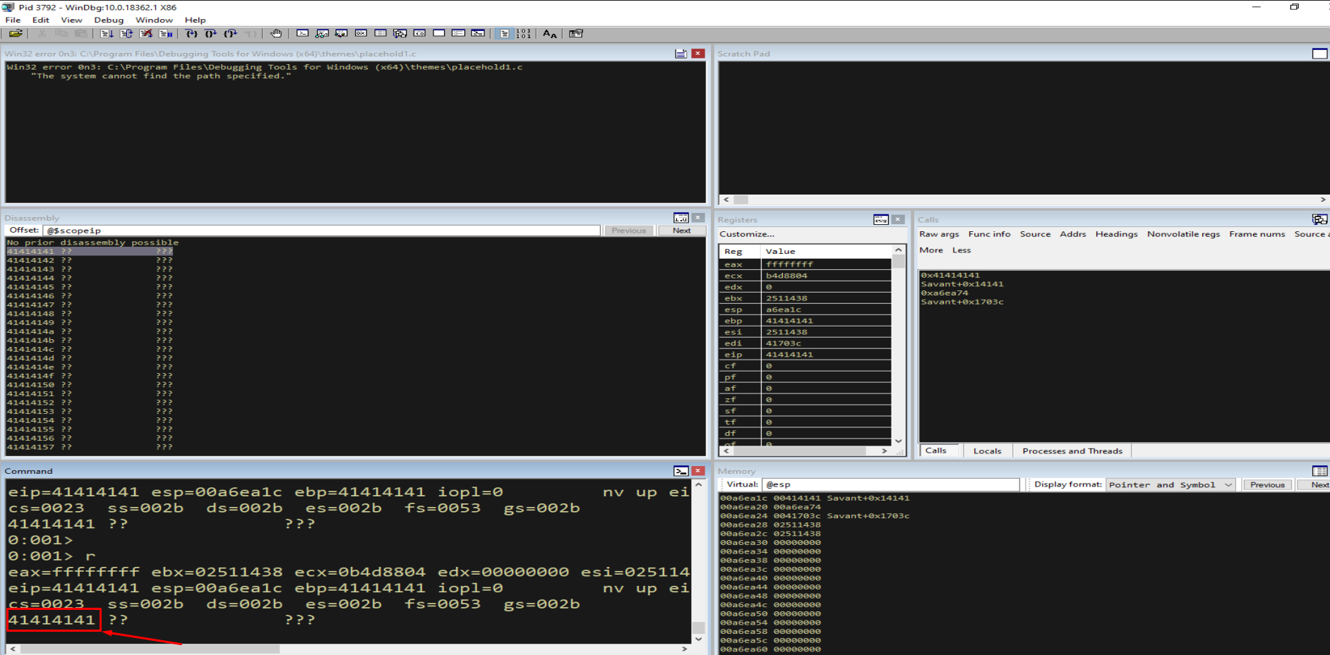 WinDbg - application crashes with EIP = 0x41414141