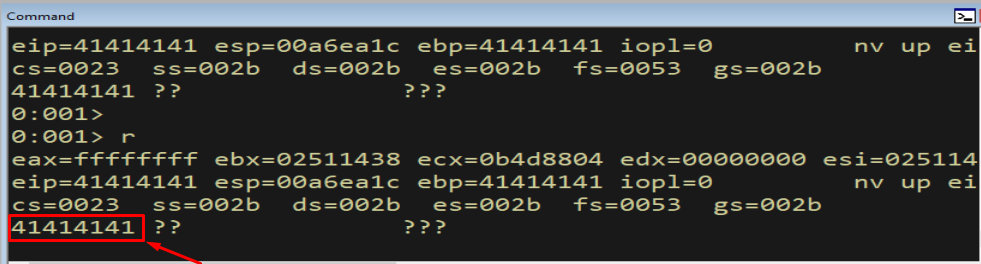 WinDbg - register dump at crash, EIP = 0x41414141