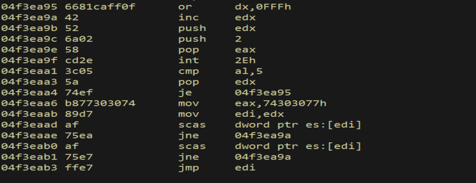 Disassembly of the egghunter at its start address