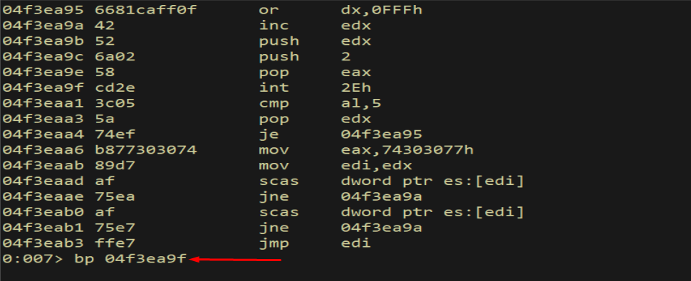 Breakpoint set on INT 0x2E
