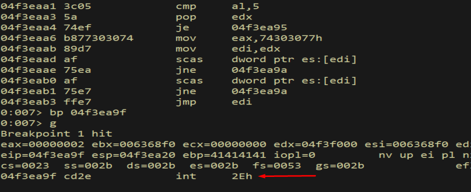 Breakpoint hit at INT 0x2E - registers visible