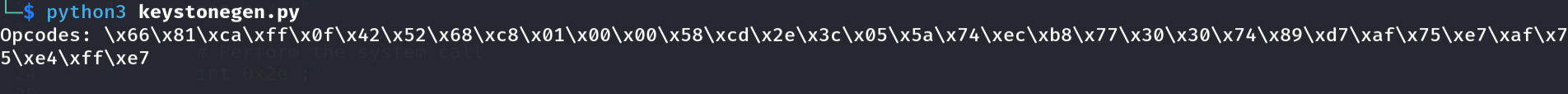 Keystone output - null bytes visible in the 0x1C8 encoding