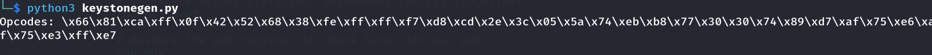 Keystone output - null-free opcodes for Windows 10-compatible egghunter