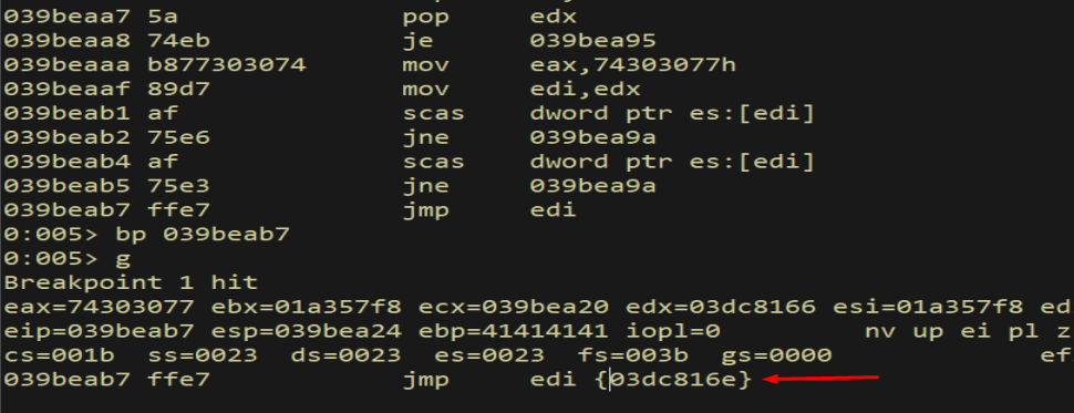 JMP EDI breakpoint hit - egghunter found the egg