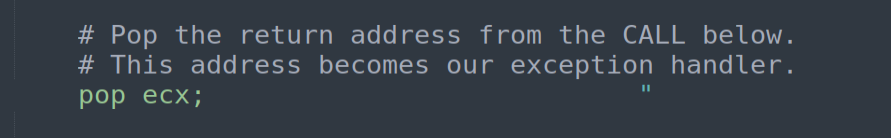 POP ECX - retrieves the handler address from the stack