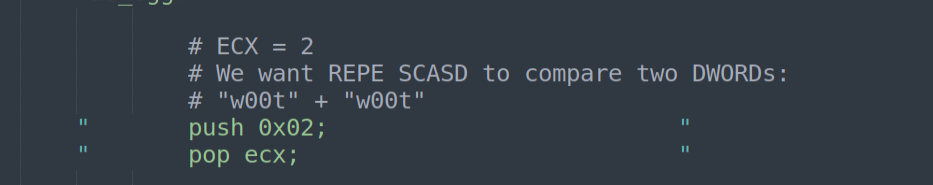 PUSH 0x02; POP ECX - repeat count for REPE SCASD