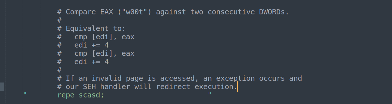REPE SCASD - atomic repeated double-DWORD comparison with page-fault handling