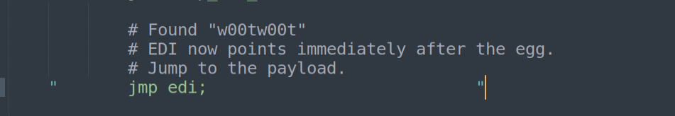 JMP EDI - egg matched; jump into the payload