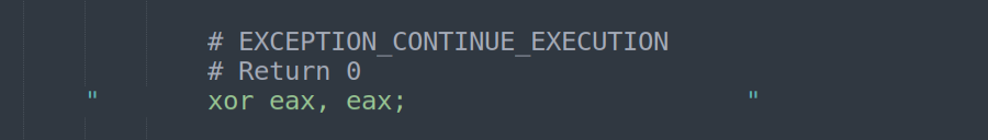 XOR EAX, EAX - set return value to 0 (ExceptionContinueExecution)