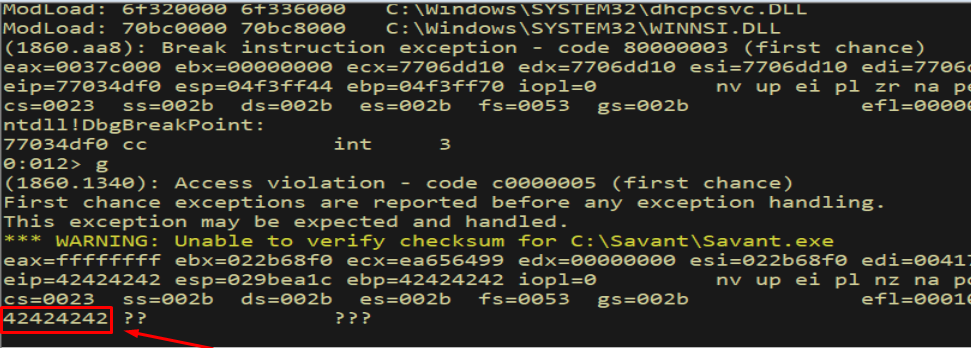 WinDbg - EIP = 0x42424242, offset is in the B region (above 130)