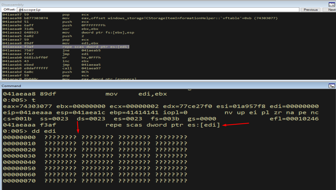 t; t; dd edi - EDI points to unmapped memory, access violation imminent