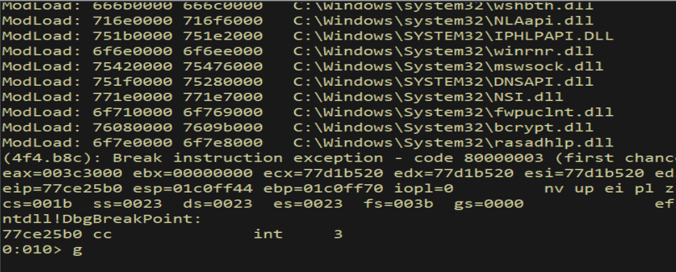 g - running application with ntdll loaded for analysis