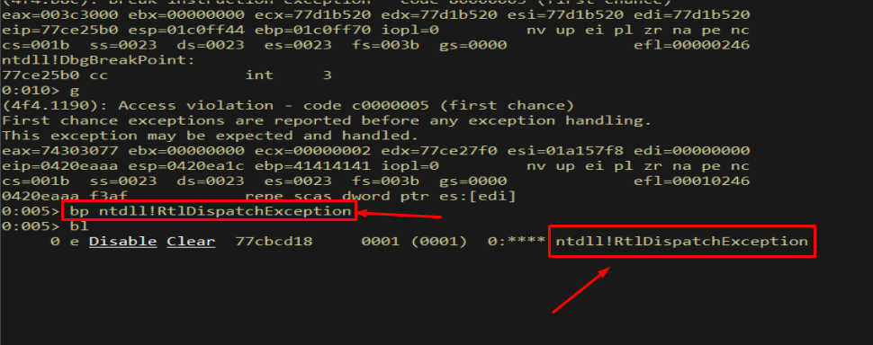 bp ntdll!RtlDispatchException; bl - breakpoint set and listed