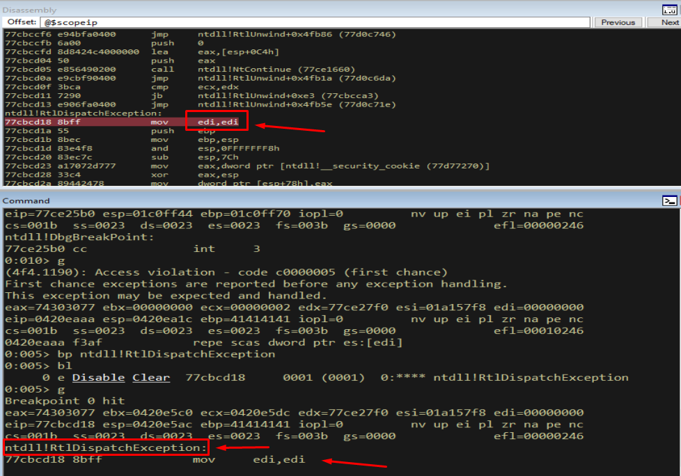 Breakpoint hit at ntdll!RtlDispatchException