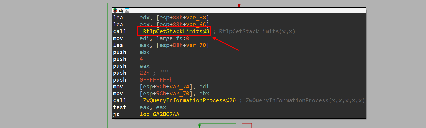 IDA - RtlpGetStackLimits body reads StackBase and StackLimit from TEB