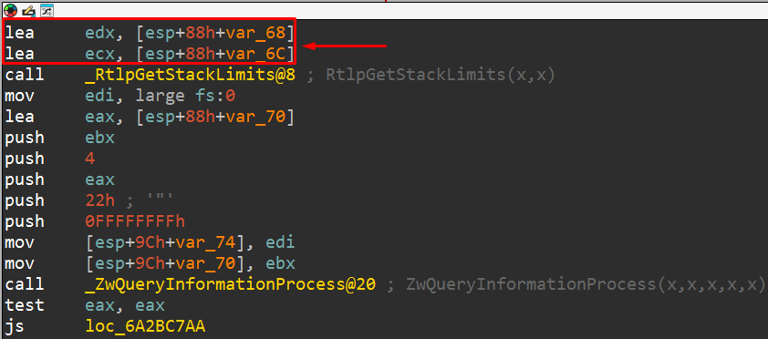 IDA - RtlpGetStackLimits LEA instructions set up output pointers