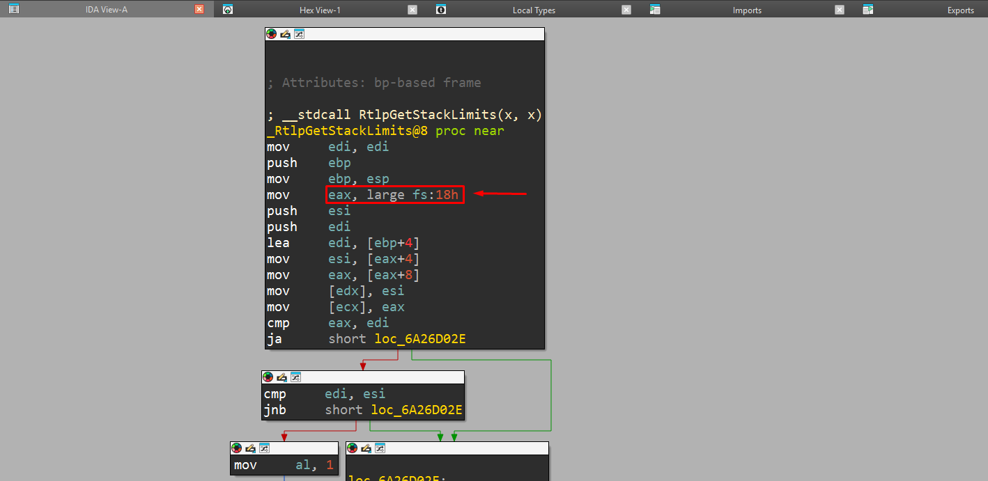 IDA - RtlpGetStackLimits reads and returns StackBase/StackLimit