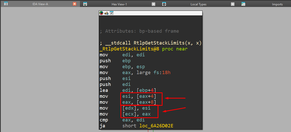 IDA - MOV ESI/EAX from TEB; store to EDX/ECX output locations