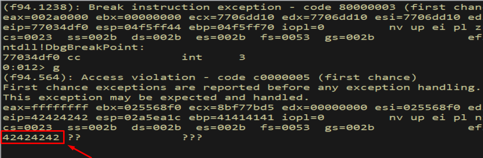 WinDbg - EIP = 0x42424242, full control confirmed at offset 253