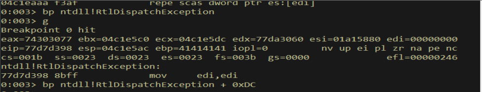 WinDbg - breakpoint set at RtlDispatchException+0xDC