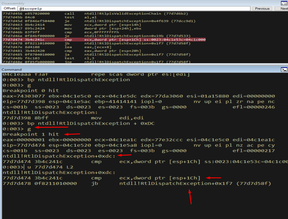 WinDbg - breakpoint hit; check 1 disassembly visible
