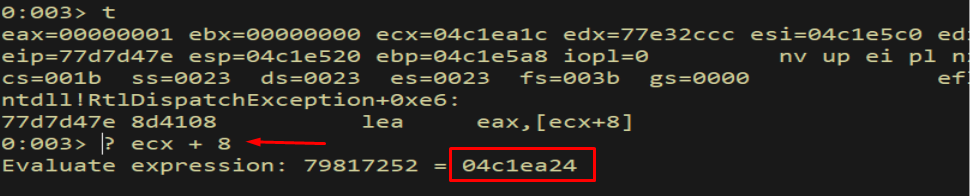 WinDbg - ECX+8 computed; lies below StackBase
