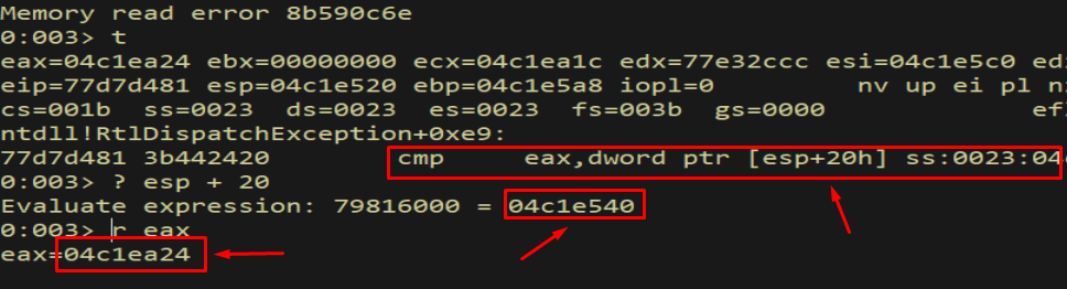 WinDbg - esp+20 and EAX confirm record is within stack range