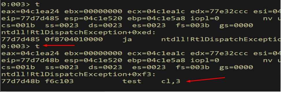 WinDbg - check 3: alignment test on ECX