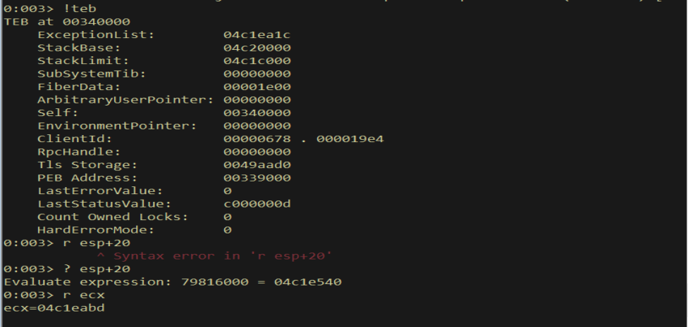 WinDbg - !teb; esp+20; r ecx - handler is below StackBase, check FAILS