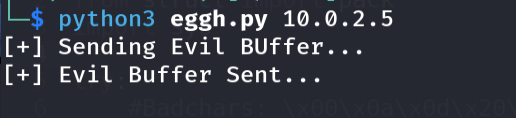 python3 eggh.py - exploit sent successfully