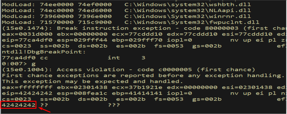 WinDbg - EIP overwritten, confirming crash point