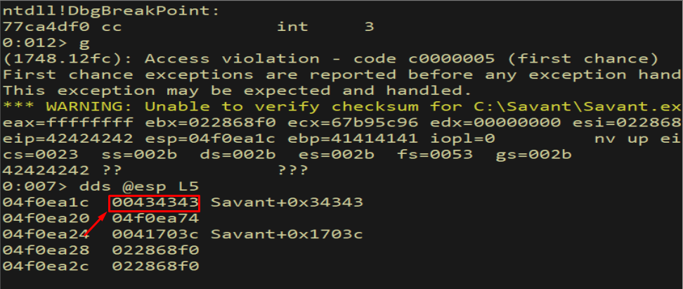 dds @esp L5 - null-terminated string behavior; only 3 bytes of our filler at ESP