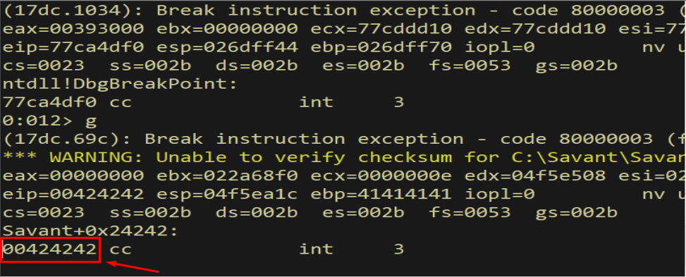 WinDbg - EIP = 0x00424242, null byte supplied by the server