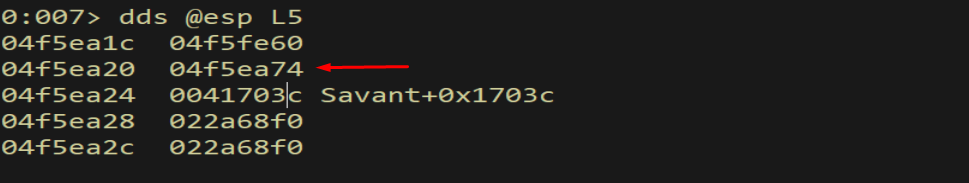 dds @esp L5 - two relevant stack entries visible